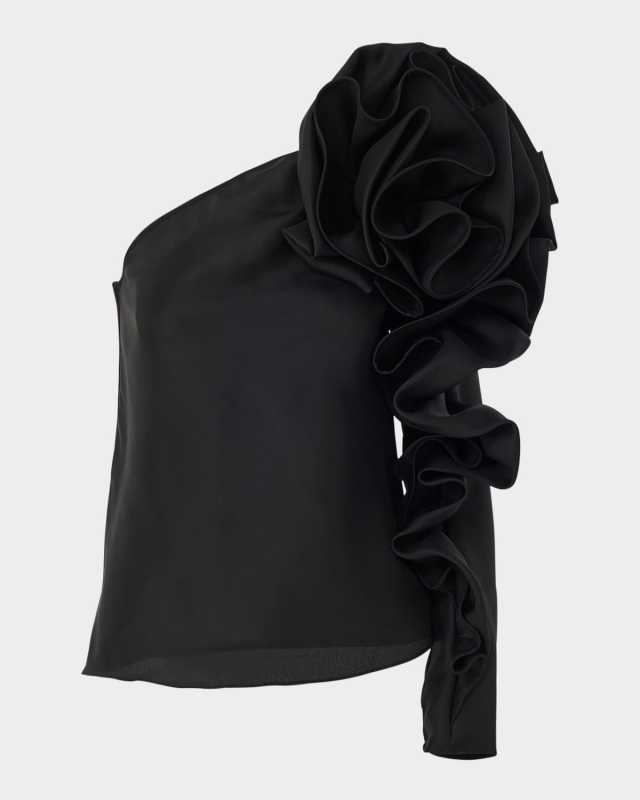 One-Shoulder Flower Sleeve Silk Top